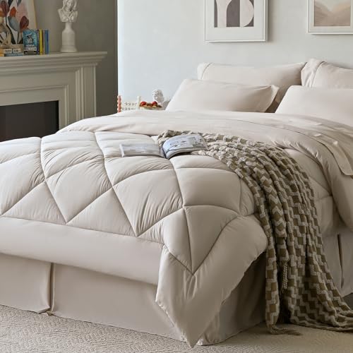 Consejos para Comprar In bed favoritos de las personas. 34 Newspin California King - Juego de edredón beige – Cama en una bolsa California King tamaño 8 piezas, juego de cama para todas las estaciones, juego de edredón esponjoso con...