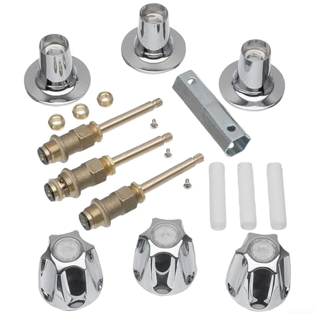 Kit de repuesto de vástago de válvula de ducha para grifos de bañera y ducha de 3 manijas, piezas de reconstrucción de latón con asas de metal cromado, juego de molduras de bañera para grifo mezclador
