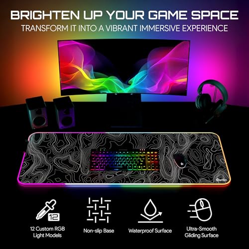 Image of Gerlos RGB Gaming Mouse Pad, Large LED Desk Mat, 31.5 x 11.8 Inch | 12 light modes, non-slip base, water-resistant surface, stitched edges