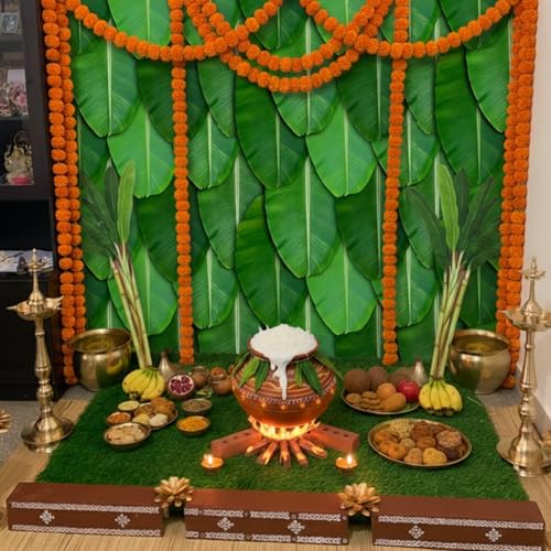 Image of Party Propz Banana Leaf Backdrop Decorations - 1Pc(8ft*5ft) Ganpati Decoration Setup for Home, Varalakshmi Pooja Decoration Items, Krishna Janmashtami Decorations, Haldi Decor, Annaprasana Decor