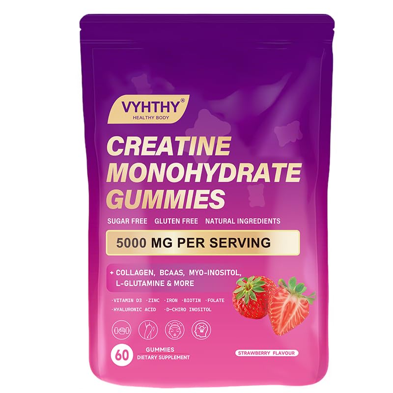 VYHTHY Creatine Monohydrate Gummies – with Collagen, BCAAs, L-Glutamine, Biotin, Zinc, Vitamin D3 & Hyaluronic Acid – Daily Pre & Post Workout
