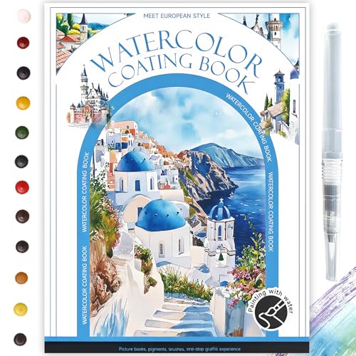 Glvomazty Libro Para Colorear Adultos, Coloring Book For Adults 12 Colores, Libro-Magico-Agua con Pinceles, Anti Stress Kit Acuarela Portatil, Watercolor Workbook para Principiante