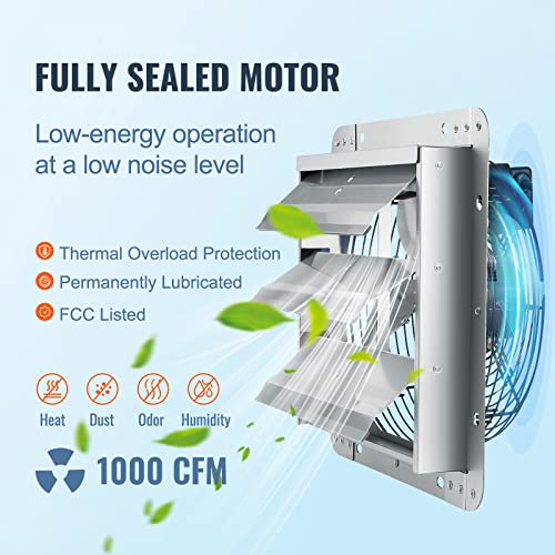 Image of VEVOR 12 Inch Shutter Exhaust Fan Wall Mounted 1347 CFM Automatic Louvers, Sturdy Steel Housing, Low Noise, AC Motor, Ventilation and Cooling for Attic, Garage, Barn, Greenhouse, Workshop, Silver