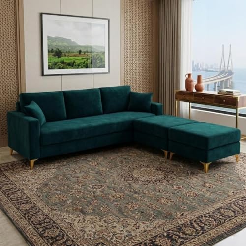 Image of SOCOZI Bravelle 5 Seater L Shape Sofa Set with 2 Movable Ottomans | Flexible Layout| Soft Velvet Suede Fabric|Modern Sofa | Plush Comfort Cushions for Living Room (Teal Green Color)