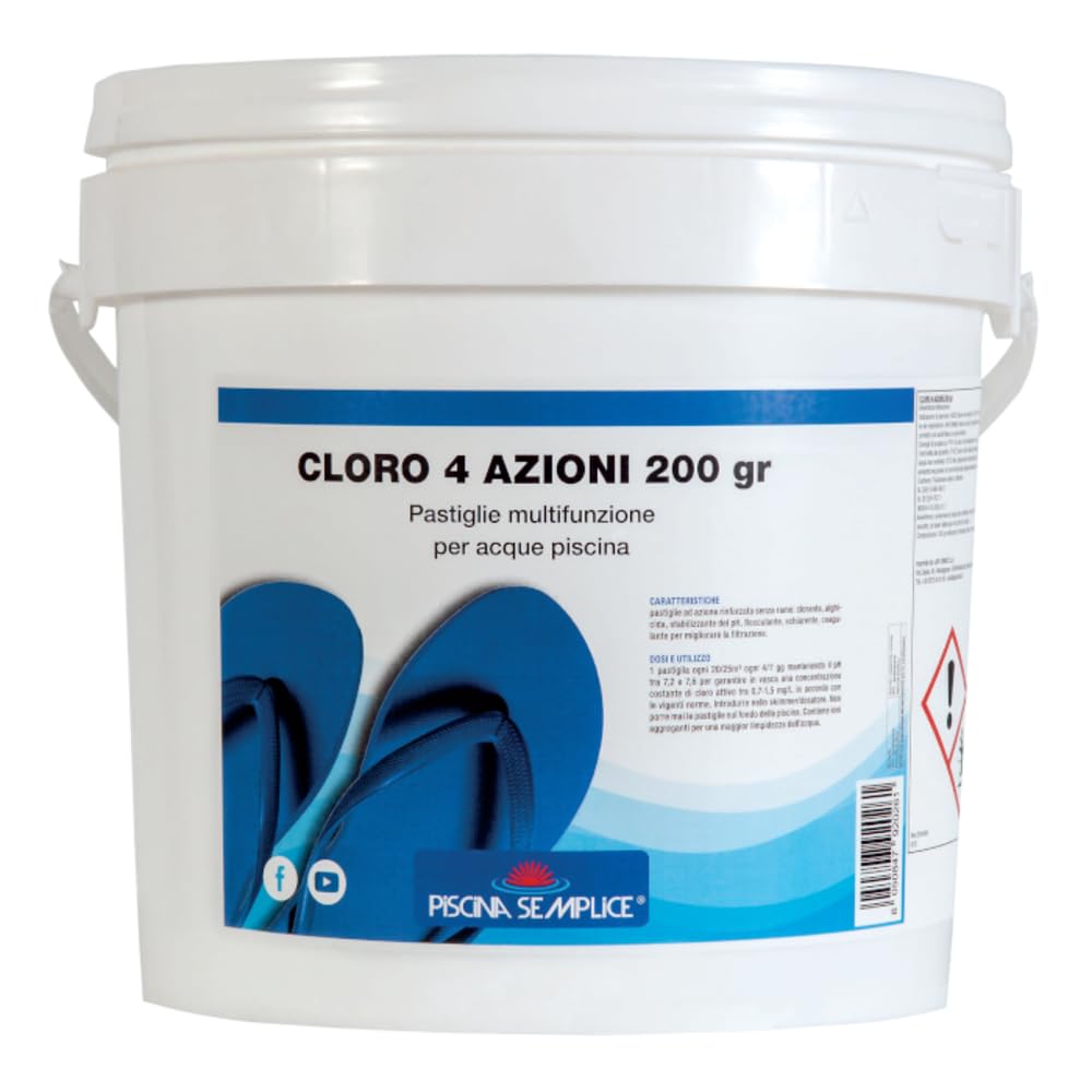 PISCINA SEMPLICE, Cloro 4 Azioni 200g, Trattamento Multi Azione Senza Rame Per Acque Della Piscina, Azione Clorante, Antialghe, Stabilizzante del PH, Flocculante, Formato da 5 Kg