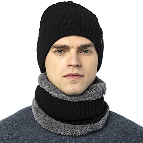 Novawo Thick Fleece Lined Stretchy Beanie Cap with Neck Warmer Set for Men Women