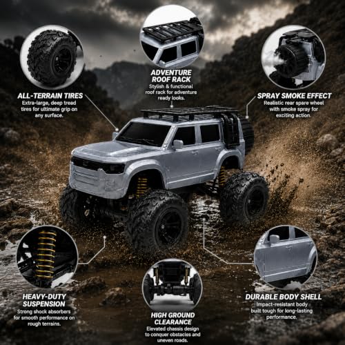 Image of Big Silver Remote Control Car Toy | Defender | Smoke and LED Light | Monster Truck Remote Control 4x4 | Rechargeable Car | 2.4G Remote Control |High Speed | 100m Range | Birthday Gift for Kids