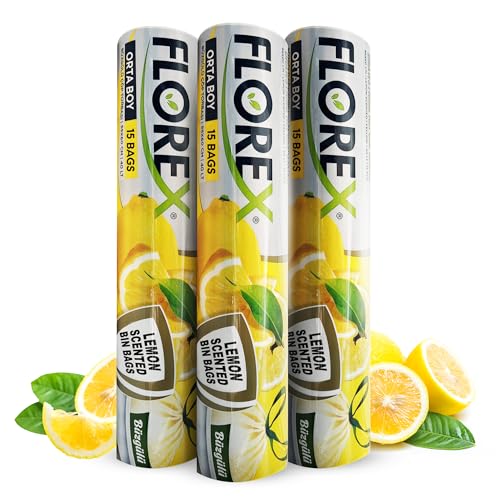 Lemon Scented Plastic Bin Bags 3 Rolls, 55 x 60cm, Bin Liners with Drawstring, 30-40 Liter Counts 45 Scented Bags for, Office, Kitchen, Trash Bags