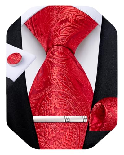 Image of DiBanGu Paisley Ties for Men Silk Necktie and Pocket Square Cufflinks Tie Clip Set Woven Classic Mens Tie for Wedding Party