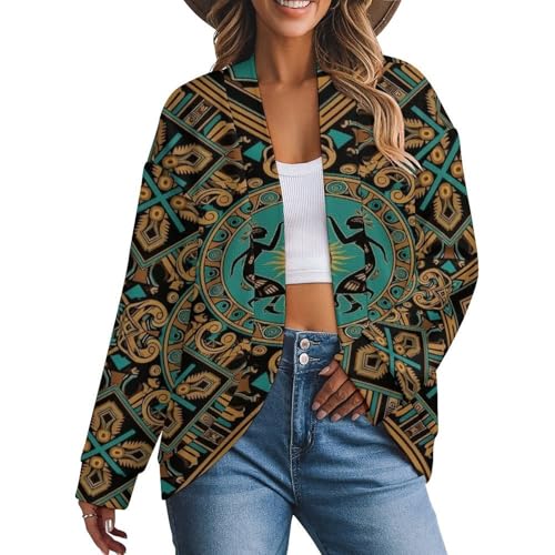 Cute Long Sleeve Sweaters Cardigan for Women, Fashion Clothes Open Front Loose Teal Southwestern Southwest Design Native African American Indian Flute Cardigans