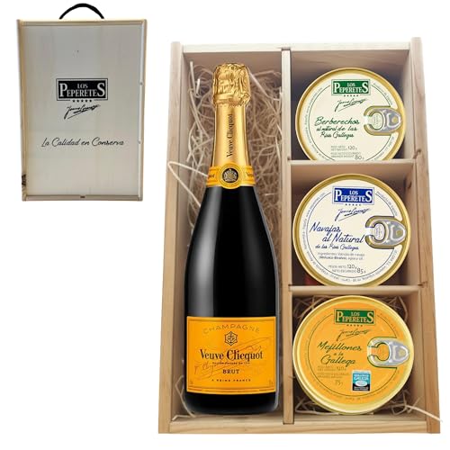 LOS PEPERETES Pack Gourmet Marisco Gallego con Champagne Veuve Clicquot| x2 Berberechos al Natural · x2 Navajas al Natural · x2 Mejillones a la Gallega | Estuche Lote Delicatessen Premium