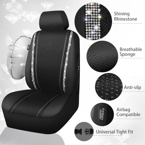 Image of CAR PASS Memory Foam Mesh Bling Diamond Car Seat Cover 2 Front Seat Breathable Soft Sponge Universal Shining Glitter Sparkly Crystal Fit Armrest Automotive Truck SUV Cute Women Girl, Silver Rhinestone