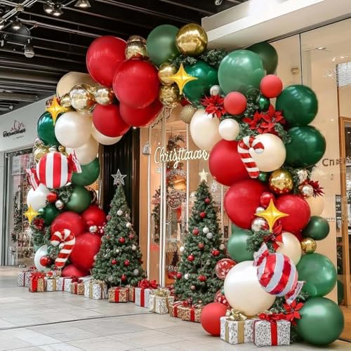 Image of Christmas Red and Green Balloon Garland Arch Kit Pearl White Gold Foil Candy Cane Balloons With Gold 4-Point Star Balloons For Christmas Party Decorations