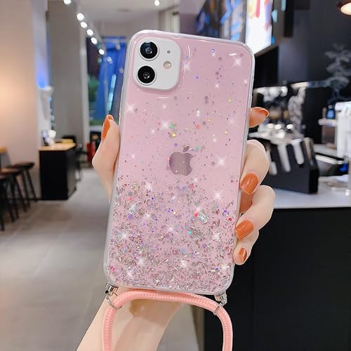 LIFEKA Mit Umhängeband, Seilkordel, durchsichtige Glitzerhülle für iPhone 11 12 13 14 15 Pro Max SE 2 2020 2022, Crossbody-Lanyard-Cover, Pink, für iPhone 12 Pro