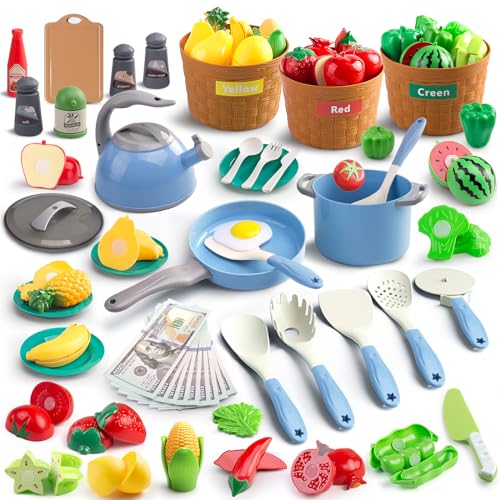 90Pcs Kitchen Playset Accessories, Pretend Cooking with Pots, Pans, Cookware, Food, Fruit, Veges, Color Sorting Baskets, Prop Money, Learning Gift for Girls Boys Toddlers (Blue)