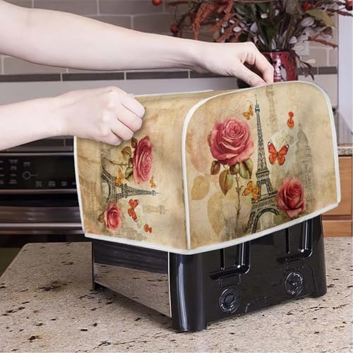 Image of Talayituse Eiffel Tower Print Toaster Cover 2 Slice Bread Toaster Oven Covers Washable Rose Butterfly Toaster Cover Kitchen Small Appliance Covers Bakeware Protector