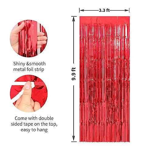 Image of Crosize 2 Pack 3.3 x 9.9 ft Red Foil Fringe Curtains Party Decorations, Red Tinsel Curtain Backdrop for Valentine's Day Parties, Door Streamers, Glitter Streamer Fringe Backdrop for Birthday