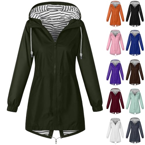 CSKJ Regenjacke Damen Wasserdicht Atmungsaktiv Softshelljacke Lang Übergangsjacke Einfarbige Outdoor Regenmantel mit Kapuze Funktionsjacke Leichte Gefüttert Windbreaker...