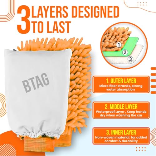 Image of Btag Double Sided Microfibre Wash Mitt Cleaning Gloves (2 Pcs, 2400 GSM, Size 26 X 19 Cm, Extra Large, Super Absorbent, Big Chenille Mitt Glove) (Orange)