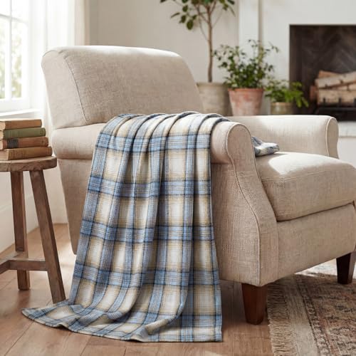 Image of Horaldaily Blue Light Coffe Farmhouse Plaid Decorative Blanket Throw, Spring Summer Rustic Soft Lightweight Blanket for Couch Sofa Bed Lounging Decoration, Ideal Gifts for Kids Adults Self, 50x60