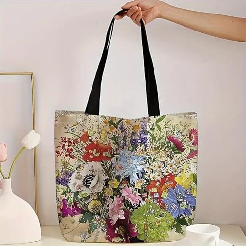 Image of Multiflower Cotton Canvas Tote Bag with Zipper and Inner Pocket | Eco-Friendly Reusable Bag for Shopping, Travel, Work & Everyday Use
