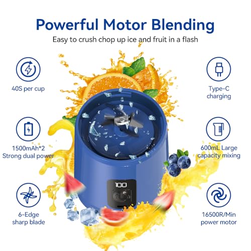 Image of Portable Blender Bottle | 600 ml Personal Smoothie Blender | USB Rechargeable Juicer Mixer | 6000mAh Battery | 230W Motor
