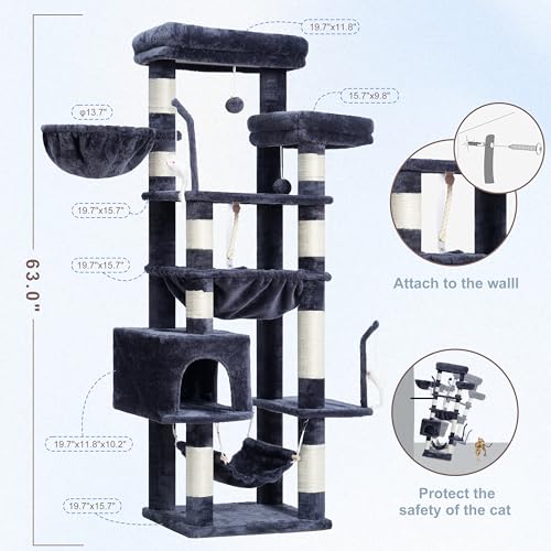 Image of Gitelsnour Cat Tree, 63'' Cat Tower for Large Cats, Big Hammock GCT020G | Cat Condo, Cat Scratching Posts for Indoor Adult Cats, 4 Platforms( 2 Big 2 Small), 2 Baskets, Sisal Rope, 4 Toys, Smoky Gray