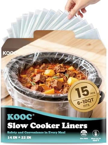 KOOC Slow Cooker Liners, 15 count 14" x 22" Extra Large Size Cooking Bags Fits 6-10 Quart Pots, Disposable Pot Liners Suitable for Oval & Round & Retangular Pot