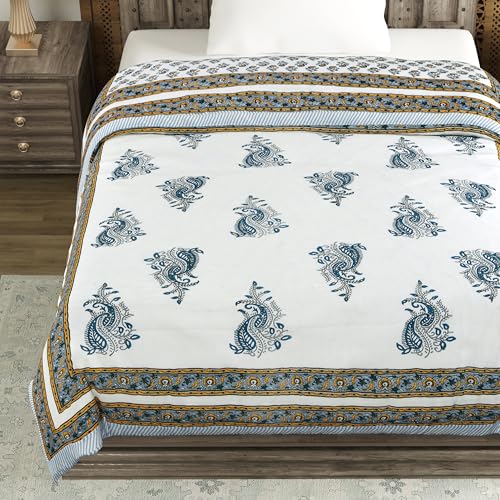 Image of BLOCKS OF INDIA Cotton Single Size Quilt Hand Block Print for Light Winters (60x90 Inches) (Grey Yellow BUTI 1)-300 TC