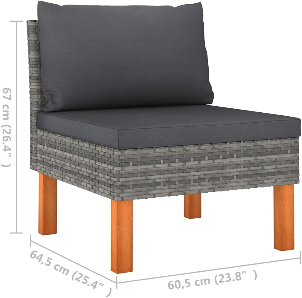 Poly Rattan 3 pcs Middle Sofas with Cushions and Solid Eucalyptus Wood Legs Powder-Coated Steel Frame Patio Middle Seat Set Garden Lounge Set 23.8" x 25.4" x 26.4"