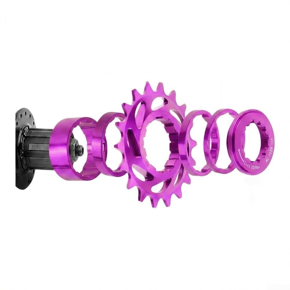 Accarugty Single Speed Bicycle Freewheel Cog, CNC Aluminum Alloy 16T 18T Tooth, Conversion Kit With Spacers And Lockring, For MTB Fixed Gear Bike Hubs, Secure Fit(Purpler-18T)