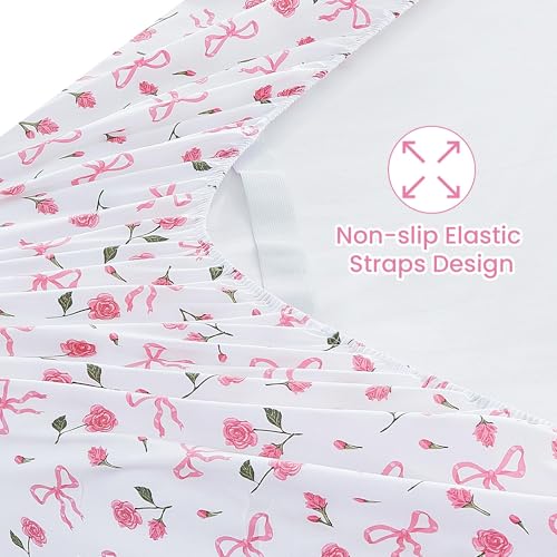 Image of Softan Pink Floral Queen Bed Sheets, Cozy Microfiber Flower Printed Sheets with 15 inch Deep Pocket Fitted Sheet & Non-Slip Straps, Patterned Pink Rose - Bow Sheets & Pillowcase Set