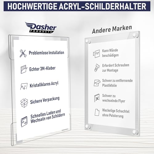 Acryl-Schilderhalter zum Einklemmen, A4 - Hoch- oder Querformat, durchsichtiger Wandrahmen, perfekt für Zuhause, Büro, Geschäft, Laden, Restaurant, mit Klettverschluss zur Wandbefestigung (A4-3 Pack)