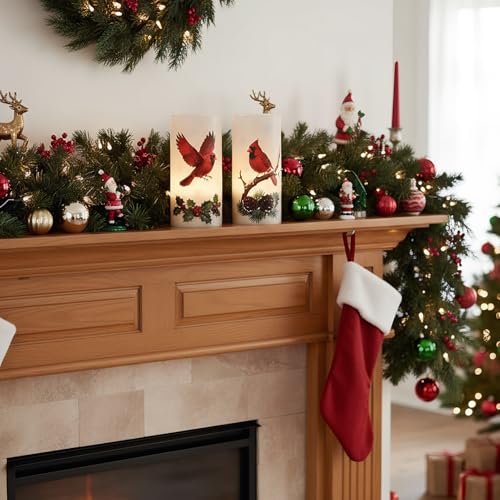 Image of Christmas Cardinal Flameless Pillar Candles with Remote Timer, LED Candles in Real Wax Holder, Battery Operated Candle for Christmas Decor Indoor Xmas Gifts(2 Pack, 3 inch x 6 inch)