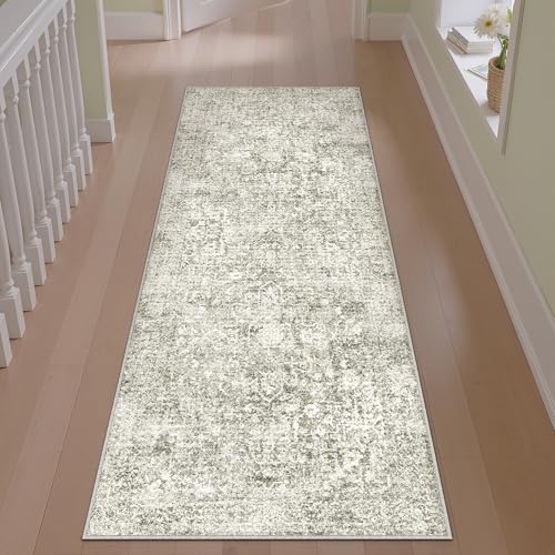 2x6 Runner Rug Washable Vintage Neutral Indoor Hallway Carpet Non Slip Taupe Bedroom Low Pile Kitchen Distressed Long Retro Accent Throw Rug for Bathroom Dining Laundry Living Room