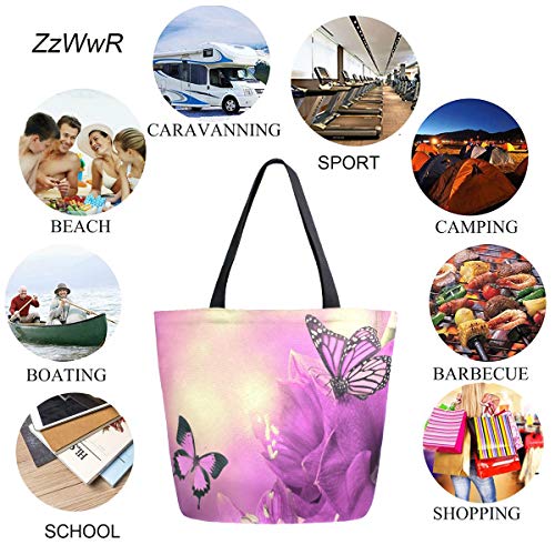 Zzwwr 3D Beautiful Spring Primula Flowers Purple Butterfly Extra Large Canvas Shoulder Tote Top Storage Handle Bag For Gym Beach Weekender Travel Reusable Grocery Shopping #TOP3
