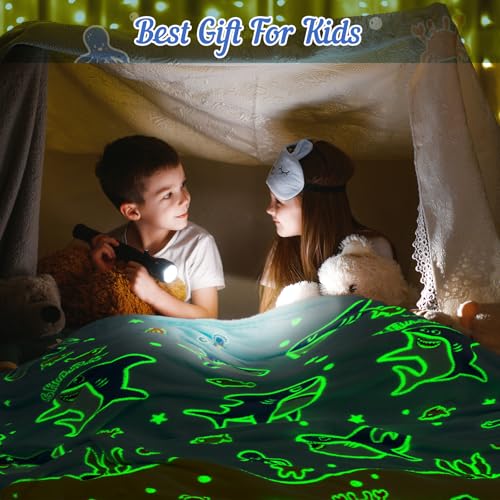 Image of Shark Gifts for Boys Girls - Glow in The Dark Sharks Blanket Christmas Stocking Stuffers for Grandkids Teen Boys Kids 2-14 Years Old Children Toddler Birthday Presents Soft Throw 50 inchx60 inch