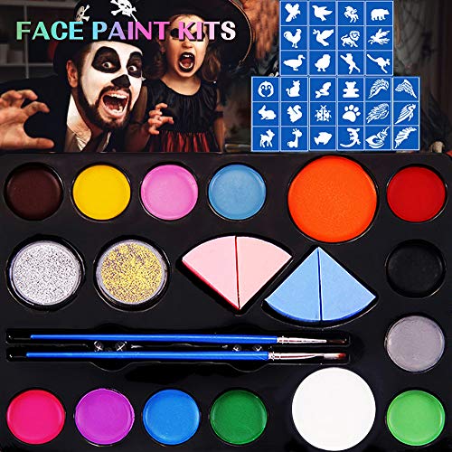 Face Paint Kits for Kids, 30 Jumbo Stencils, 14-Color Paints, 2 Glitters, 2 Brushes, Face Paint Makeup Palette for Halloween, Cosplay, Parties & Art, Body Paints for Adults, Safe for Sensitive Skin