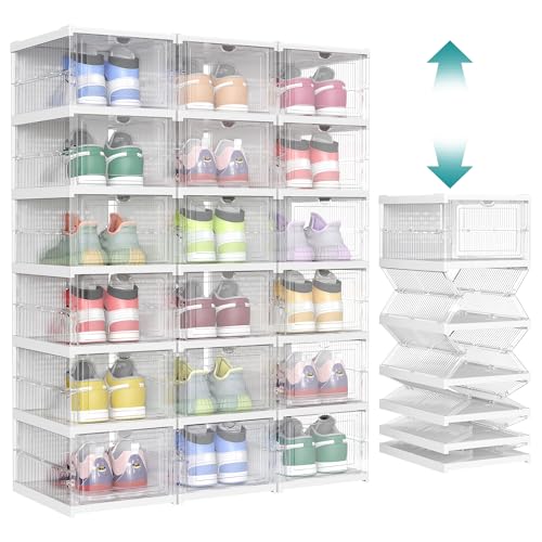 SONGMICS Foldable Shoe Boxes, Pack of 18 Stackable Shoe Storage Organizer, Set of 3 Integraed Shoe Cabinets, Portable, Fit up to US size 13, 60s Assembly, Transparent and Cloud White ULSP207W01