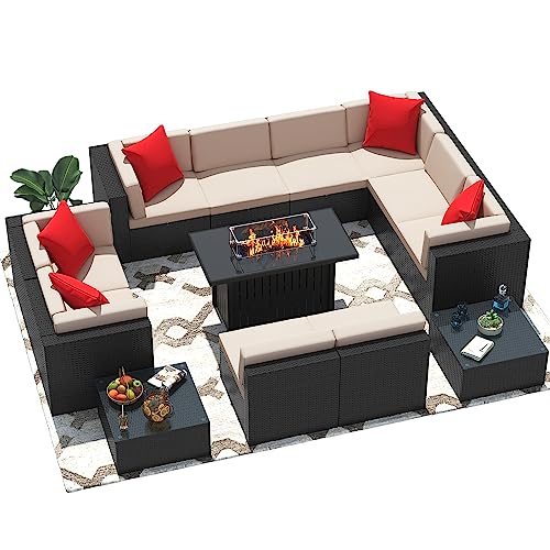 Image of Greesum Patio Furniture Sets 13-Pieces Outdoor PE Rattan Sectional Sofa w /43in Gas Fire Pit Table 55000 BTU Add Warmth to Gatherings Parties On Deck Garden Backyard,Light Beige