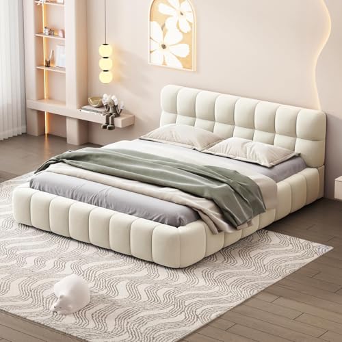 DULRLLY Bubble Bett Polsterbett 140x200 cm,Doppelbett mit Lattenrost, Jugendbett mit Gepolstertes Kopfteil, Gepolstertes Bett für Schlafzimmer und Gästezimmer,ohne Matratze, Leinenstoff (Beige)