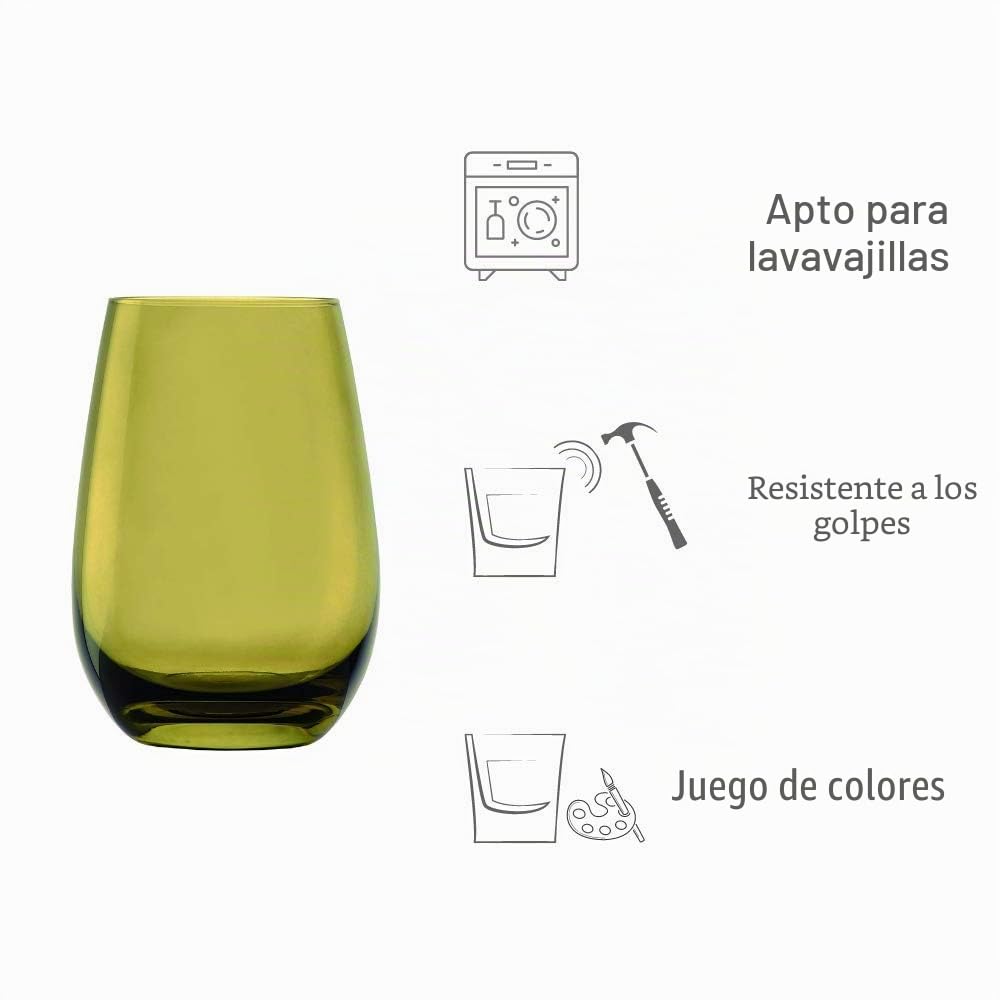 Stölzle Lausitz Vasos de Agua Elements Mix Mediterráneo – Set de 6 Vasos de Cristal de 465ml – Vasos Coloridos para Agua, Zumo y Cócteles – Aptos para Lavavajillas y Resistentes a Golpes