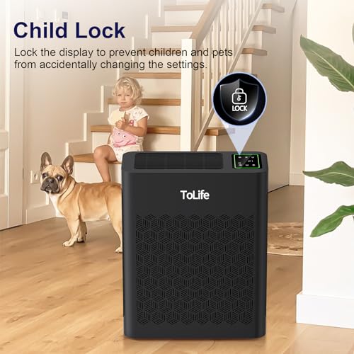 ToLife Air Purifiers for Home Large Room Up to 1095 Ft² with PM 2.5 Display Air Quality Sensor, Auto Mode, Timer, HEPA Air Purifier for Bedroom Filters Smoke, Pollen, Pet Dander, Allergies, Black