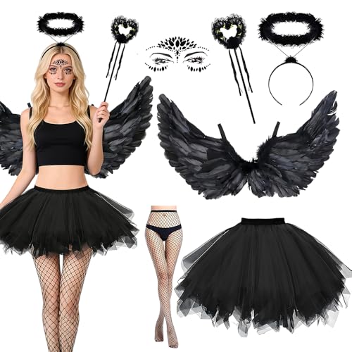 Schwarzer Engel Kostüm Damen, 6 Stück Engelsflügel Schwarz Kostüm, Engel Teufel Kostüm mit 80cm Engel Flügel, Tütü Rock, Heiligenschein,...