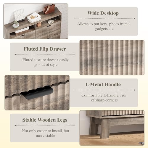 Image of Shoe Cabinet Storage for Entryway with 4 Flip Drawers, Fluted Narrow Shoe Organizer with Wooden Legs & Top Cubby, Freestanding Slim Shoe Storage Hidden Shoe Rack for Front Door Entrance, Grey