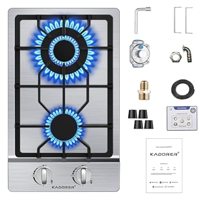 12 inch Gas Cooktop, Bulit-in Gas Stove Top with 2 Burner, NG/LPG Convertible Cooktops, Dual Burner Propane Cooktop with Thermocouple Protection, Stainless Steel