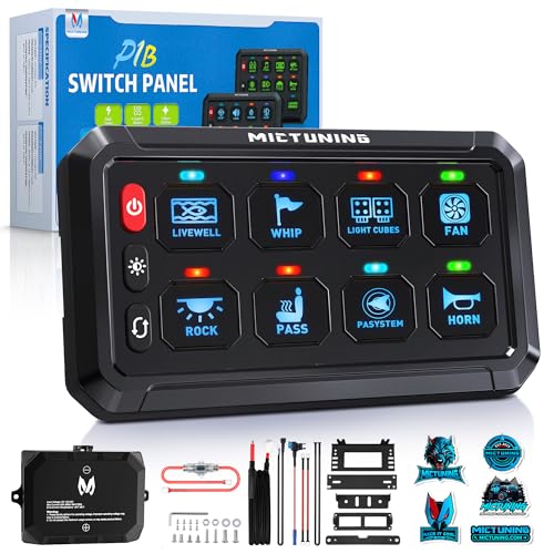 MICTUNING P1B 8 Gang Switch Panel, Multifunction Toggle Momentary Flash Strobe Pulsed Switch Pod with Backlit Off, 5-Level Brightness Circuit Control Relay System Box for Truck RV Offroad Marine, Blue