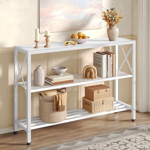 Image of Hoctieon White Industrial Console Table, 3 Tier Entryway Tables, Hallway Desk, Narrow Sofa Tables with Shelves, Entrance Table for Entryway, Living Room, Foyer, Hallway, Office, White