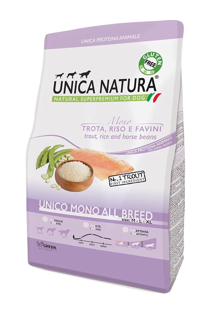 Crocchette cani - UNICA NATURA: Trota, Riso e Favini - UNICO MONO ALL BREED 12kg