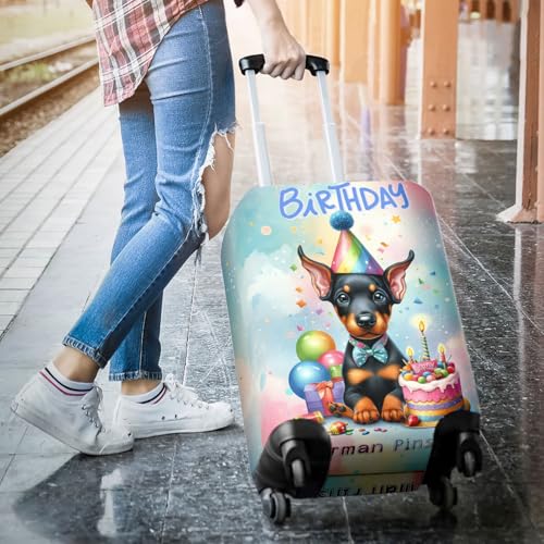 Personalized Custom Name Happy Birthday Cute Puppy Doberman Pinscher with Cake Gifts Party Hat Travel Luggage Cover Doberman Dog Lover Gifts Suitcase Dust Protective Decor - 000293
